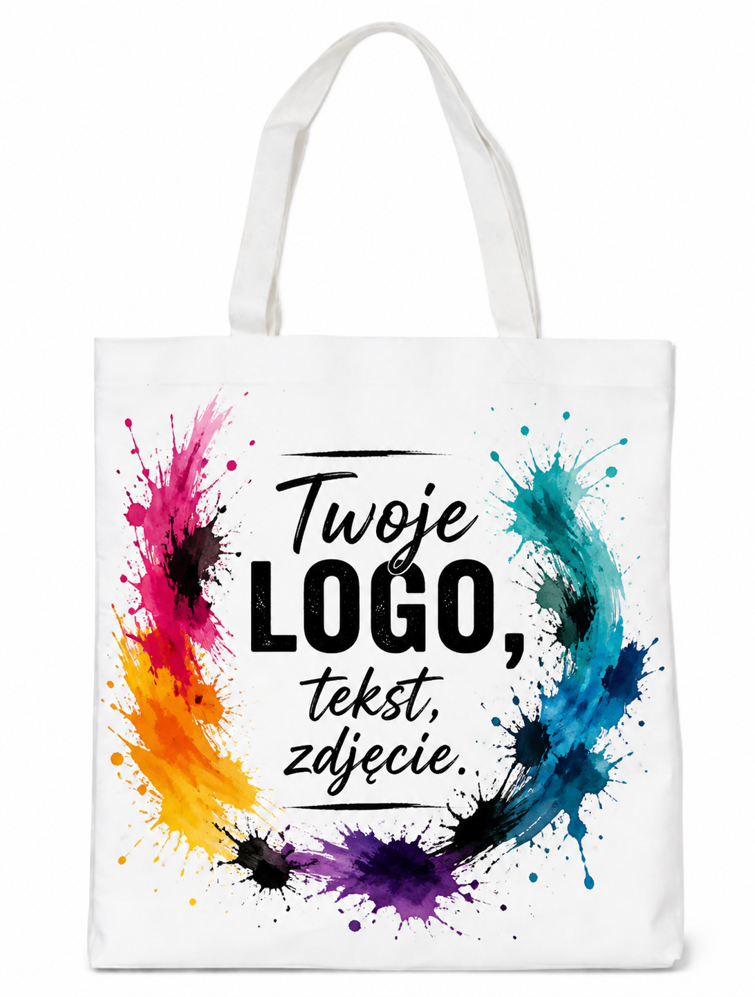 Biała torba z własnym nadrukiem logo tekst zdjęcie